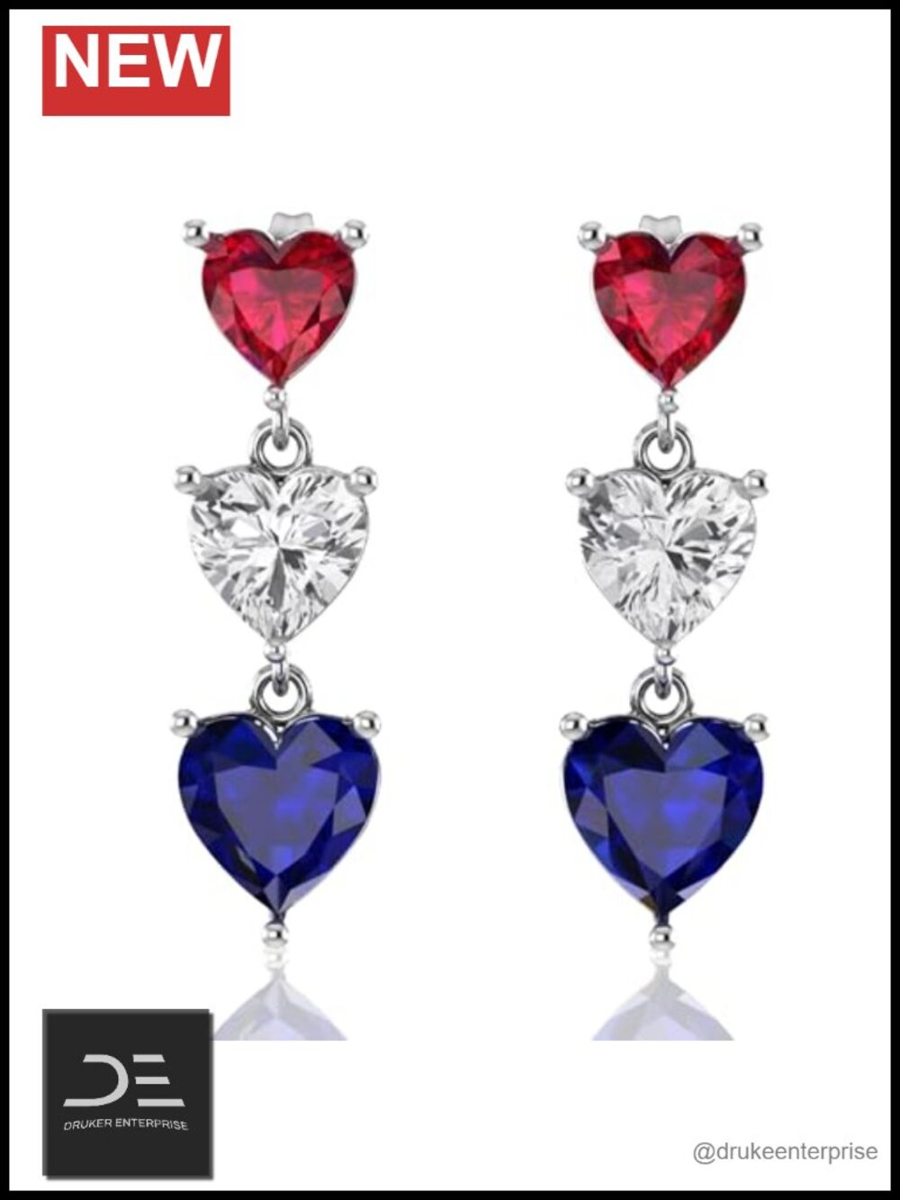 925 Sterling Silver Rhodium Plated Patriotic Heart Dangle Earrings